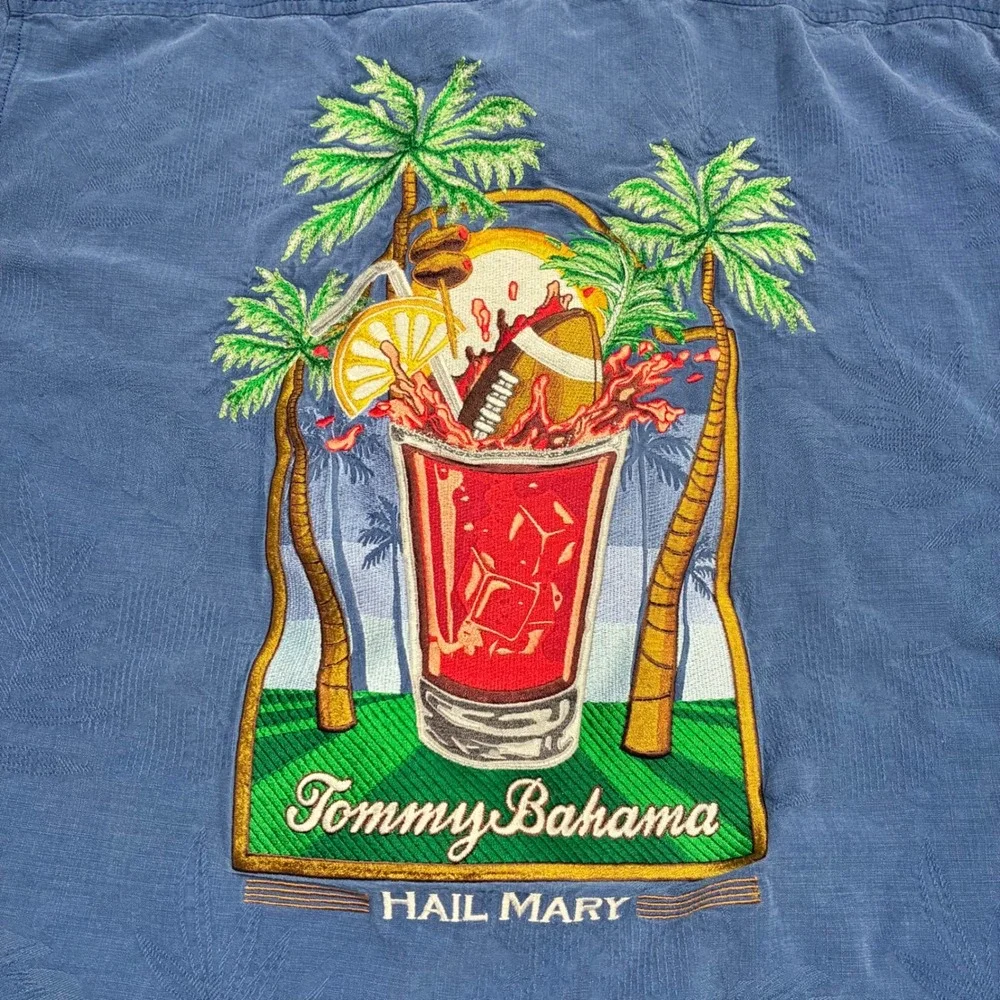 Tommy‎ Bahama Hail Mary Shirt Mens M Blue Silk Blend Embroidered Football Image